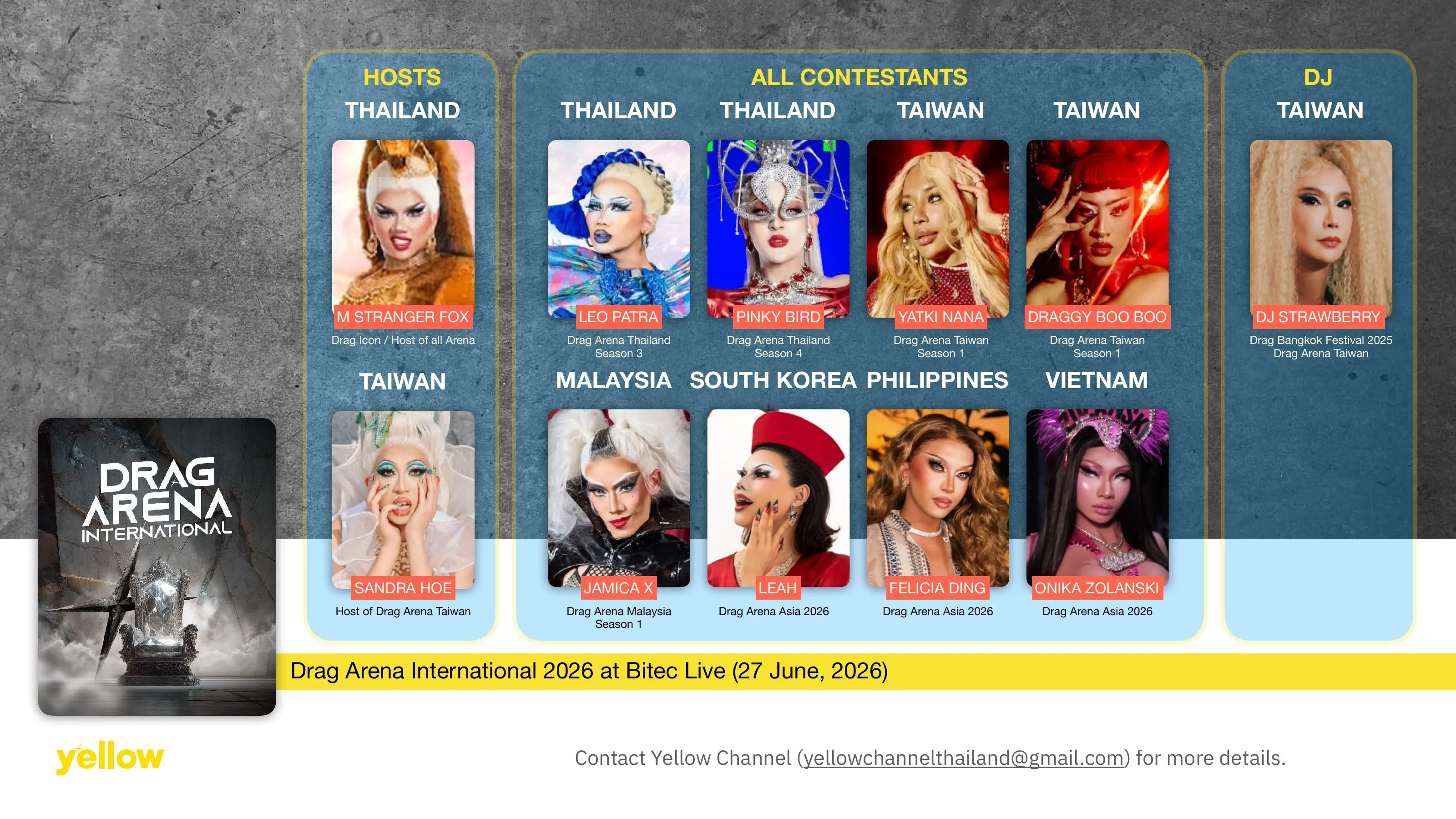 Drag Arena International 2026 — Hosts, contestants, and DJ lineup